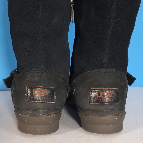 UGG Womens Thomsen sz 7/8 Black Tall Boots Moto Waterproof Suede Leather - Picture 5 of 14